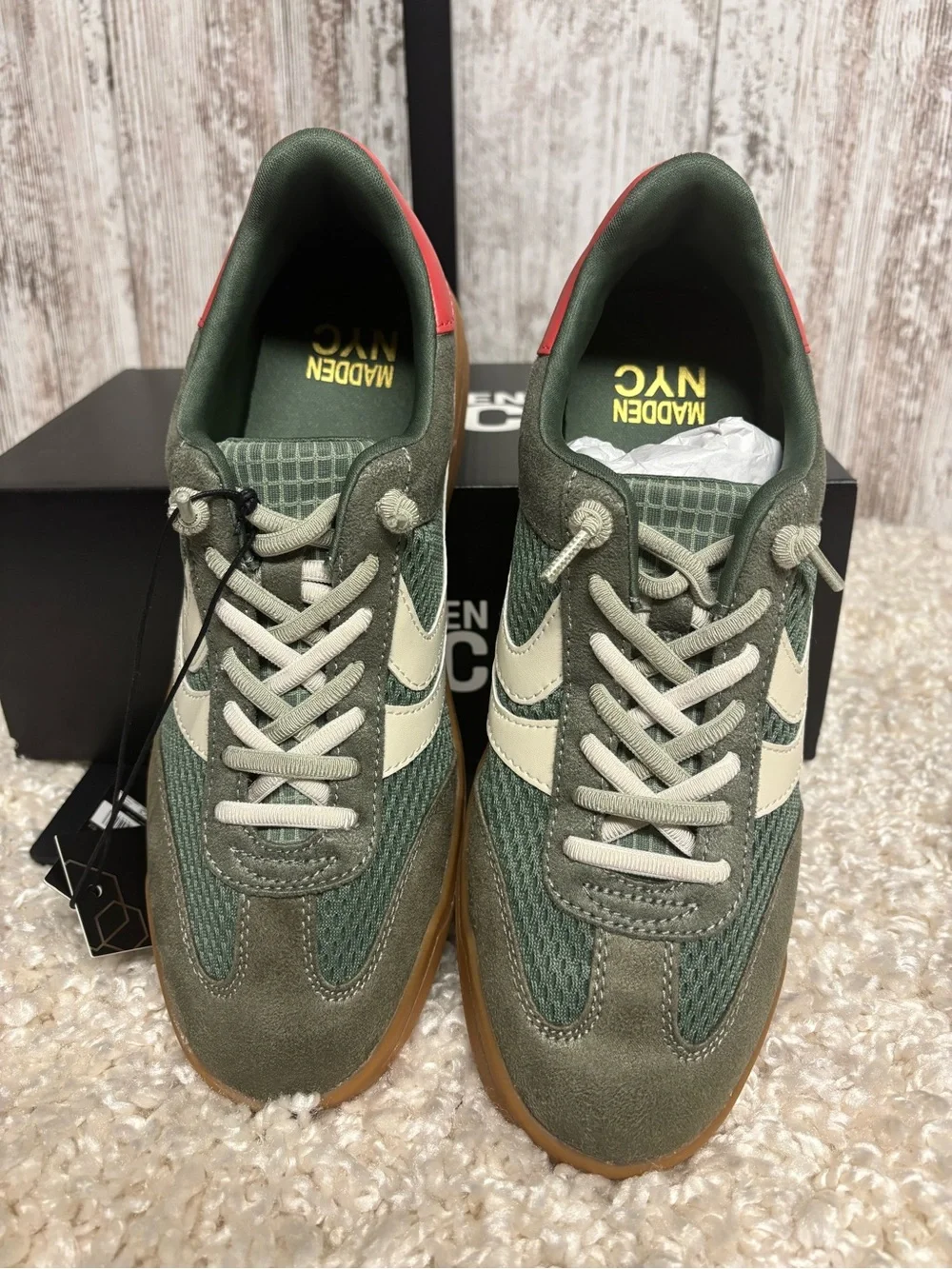 Women's Green Retro Sneaker with Cream Stripes and Gum Sole